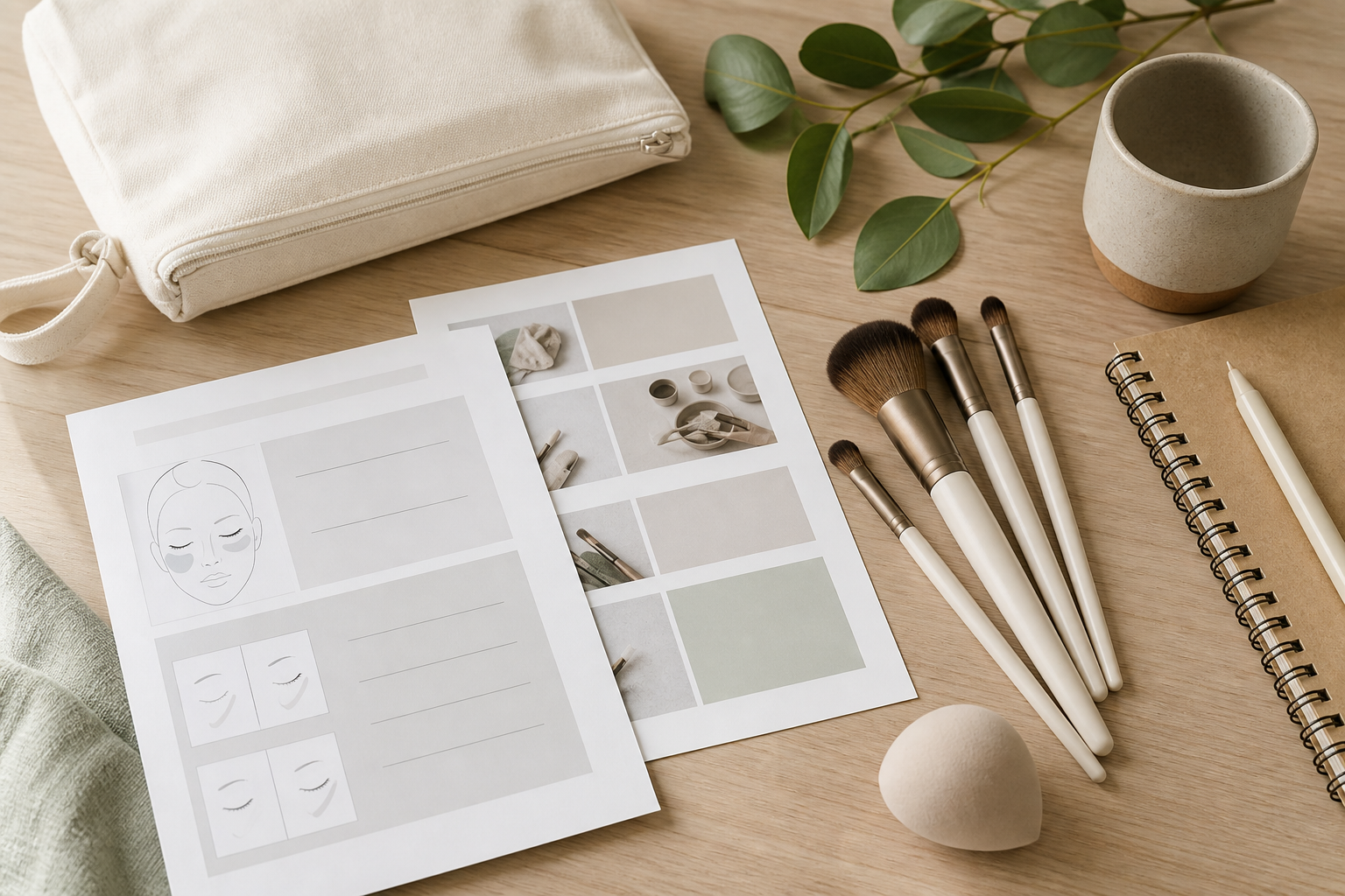 A warm workshop table with brushes, a makeup sponge, and a welcome kit.
